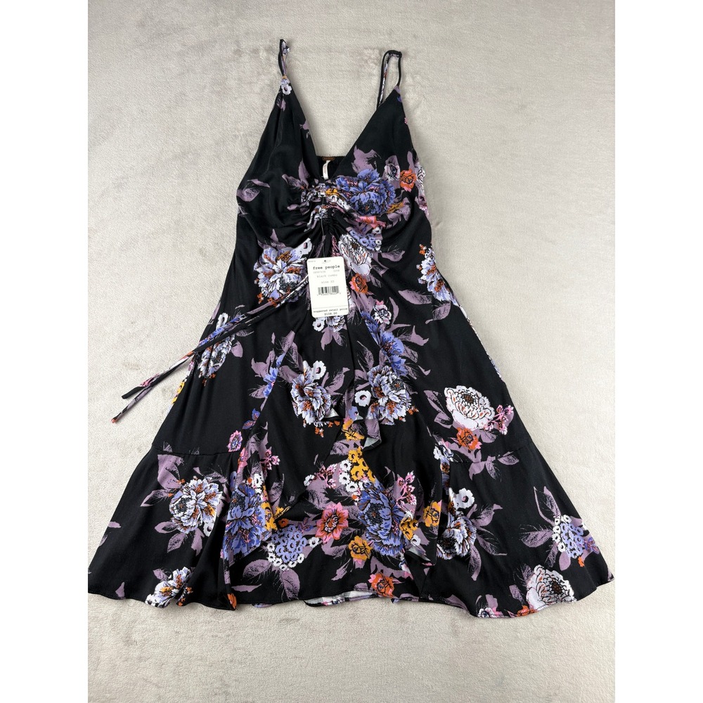 Free People Black Combo Floral Mini Dress Ruched V-Neck OB967638 XS New